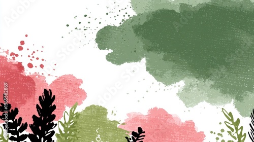 Abstract watercolor design with green and pink brush strokes and foliage