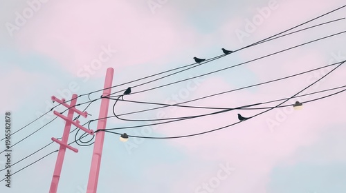 Birds on Power Lines Against a Soft Pink Sky at Dusk