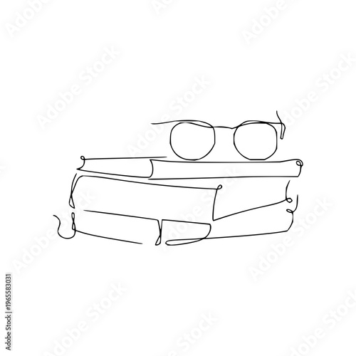 Continuous line drawing depicting a stack of scholarly books topped with classic reading glasses, symbolizing intellectual curiosity, education, and the joy of literature in a minimalist art style
