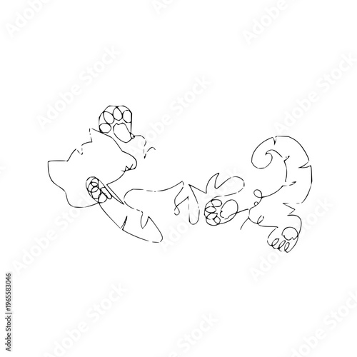 Elegant continuous line drawing of a relaxed cat stretching its body and legs