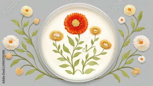 Floral Embroidery Art with Bright Orange and White Flowers Design
