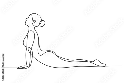 Minimalist line art illustration of a woman in the cobra yoga pose
