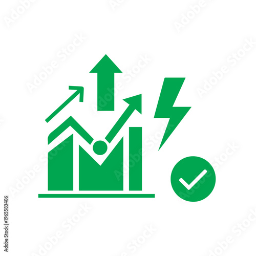 Set of green icons illustrates corporate progress featuring multiple bar graphs, fluctuating trend lines, and a fast energy bolt.