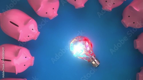 Creative Financial Idea with Piggy Banks and Glowing Light Bulb. 4k video, ProRes 4444.