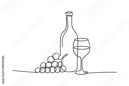 Minimalist line drawing of a wine bottle glass and bunch of grapes