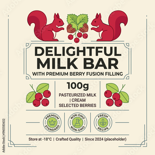Packaging label for a sweet snack with berry filling showing squirrels and various fruits set against a light background