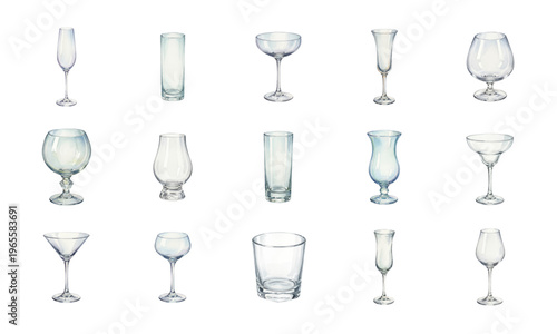 Watercolor Glassware Collection Set Isolated on White Background