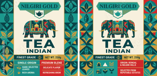 Vector design of Nilgiri Gold Indian tea packaging label with distinct artwork and colors representing heritage and quality