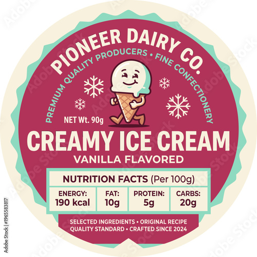 Pioneer Dairy Co. creamy ice cream packaging label with nutrition facts and product details in a clear format