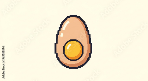 Pixel art illustration of a halved egg with a runny yellow yolk on a cream background
