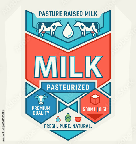 Pasture raised milk packaging label with blue and red colors featuring cows and quality indicators
