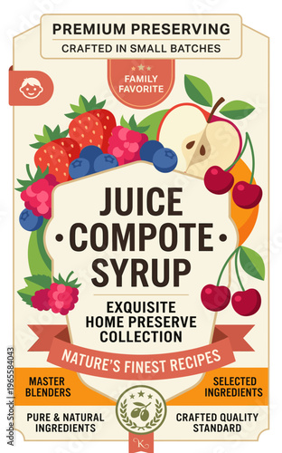 Juice compote syrup packaging label designed for home preserving with details on ingredients and crafting process