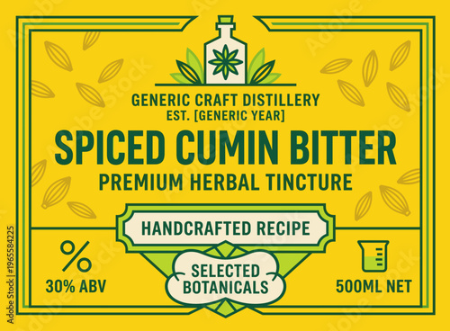 Spiced cumin bitter label from craft distillery with handcrafted recipe
