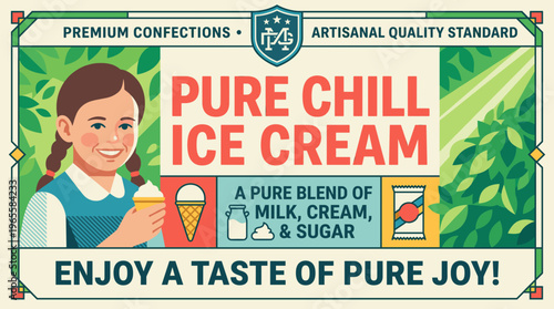 Pure Chill Ice Cream packaging label featuring a girl enjoying dessert with bright colors and simple design details