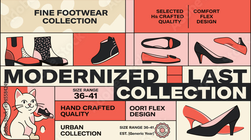 Footwear packaging label showing different shoe designs and size range for modern collection of handcrafted shoes