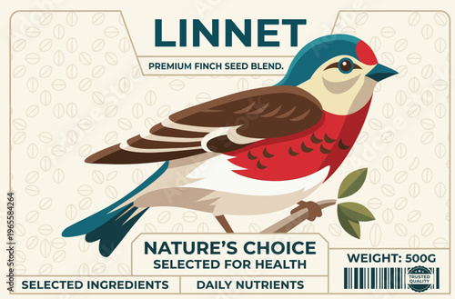 Packaged linnet finch seed blend in vector style for healthy bird feeding