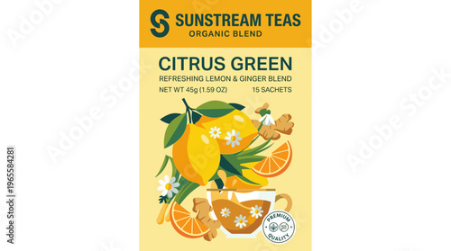 Sunstream Teas Citrus Green packaging label with lemon and ginger blend details and 15 sachets information