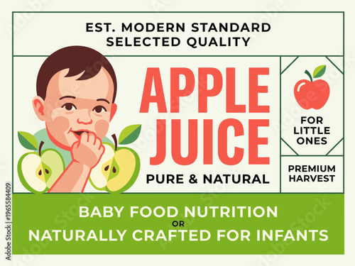 Vector packaging label for apple juice designed for infants and young children with clear nutrition information