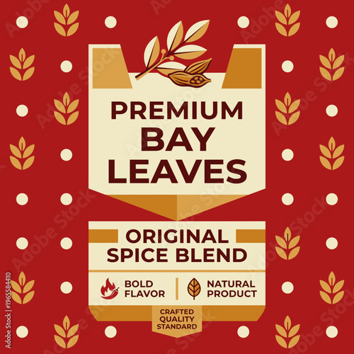 Premium bay leaves packaging label shows original spice blend design with clear product information for consumers