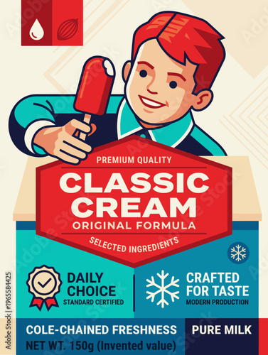 Premium quality milk packaging label shows classic cream ice cream product with selected ingredients for daily choice