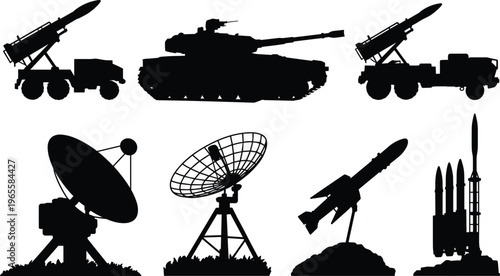 Military defense silhouettes set featuring tanks, missile launchers, radar systems and rockets isolated on white background, modern warfare technology collection vector style illustration