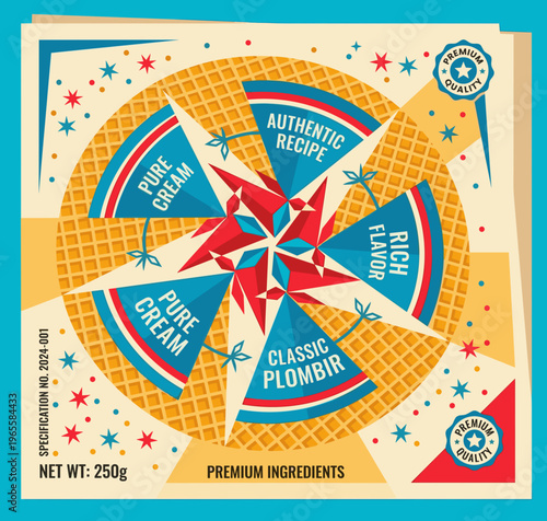 Vector packaging label design featuring cream and flavor details with bright colors and bold text for food products in a playful style