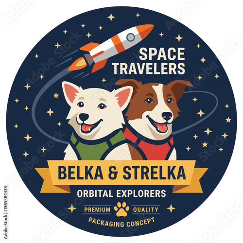 Space travelers label featuring Belka and Strelka as orbital explorers in a fun and colorful design for packaging