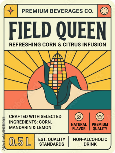 Premium beverages label for Field Queen, a non-alcoholic drink made with corn and citrus flavors in a unique packaging design