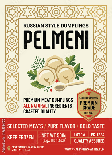 Premium quality pelmeni packaging label showcasing Russian style dumplings for easy identification and marketing purposes