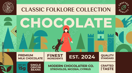 Classic Folklore Collection chocolate label with premium milk chocolate and single origin beans design