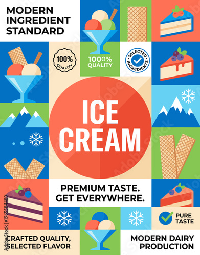 Ice cream packaging label with modern ingredient information and quality assurance marks designed for product promotion