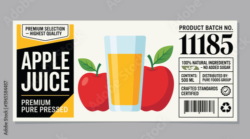 Vector packaging label design for apple juice with details on quality and product information