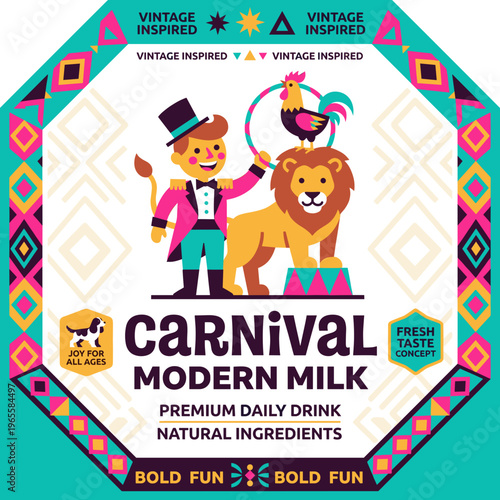 Carnival modern milk packaging label featuring a lion and character in a vintage style design for a daily drink