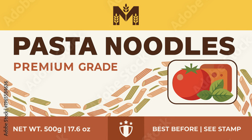 Pasta noodles packaging label with illustration of tomatoes and herbs showing product details and weight information
