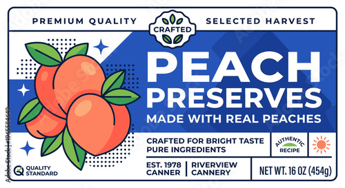 Peach preserves packaging label showing fruity design and brand details for selected harvest product