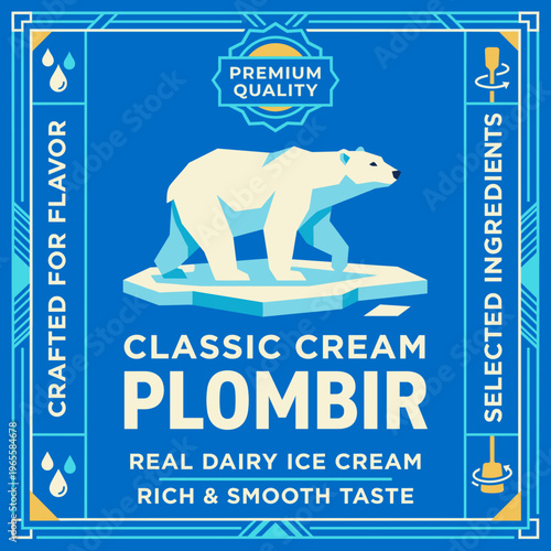 Classic cream ice cream label design with a polar bear and blue pattern