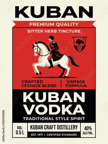 Kuban vodka label design featuring horse rider, distillery details, and product information for premium spirits