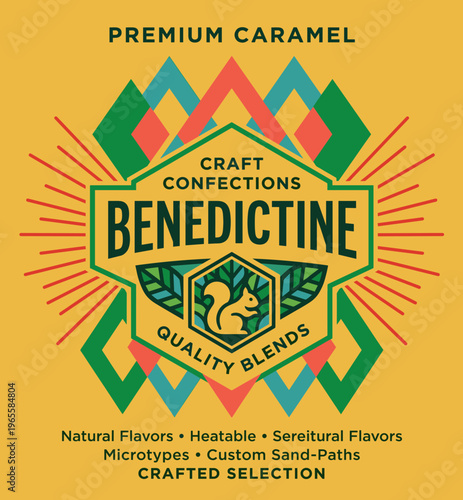 Premium caramel packaging label featuring Benedictine craft confections with natural flavors and unique designs for quality blends