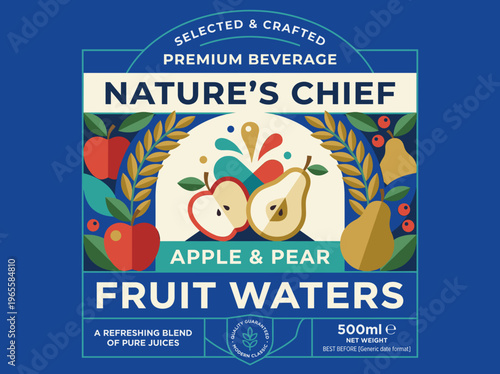 Fruit waters label showing apple and pear design with brand information and product details