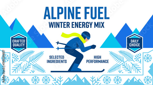 Packaging label for Alpine Fuel winter energy mix with graphics of skiing and mountains