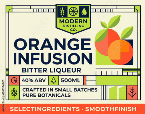 Modern Distilling Co. offers orange infusion bitter liqueur packaging label with details on ABV and volume