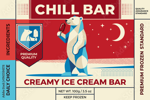 Chill bar creamy ice cream packaging label with bear and night scene design featuring clear ingredient information