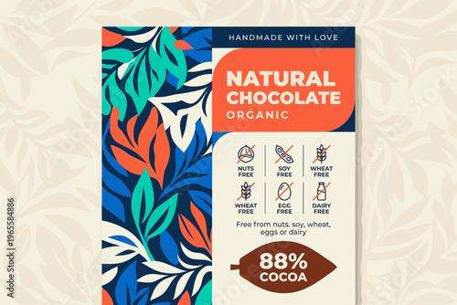 Natural chocolate packaging design with organic and allergy-free information highlighted