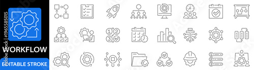 Workflow icon set. Process. Networking. Step. Management. System. Method. Planning. Editable stroke. Vector illustration