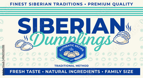 Siberian dumplings packaging label with details on fresh taste and natural ingredients