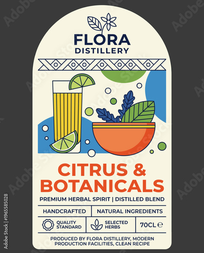 Citrus and botanicals label design showing herbal spirit and ingredients from Flora Distillery