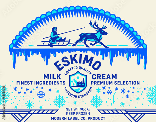 Eskimo milk and cream packaging label showing a person with a sled and a reindeer under an ice arch