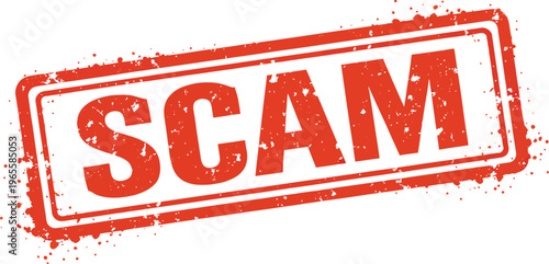 Red scam rubber stamp vector, grunge fraud alert icon, weathered ink texture for security and financial crime warning