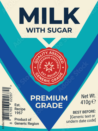 Milk with sugar packaging label showing premium grade and quality assurance for products