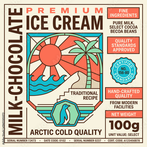 Premium milk chocolate ice cream packaging label shows quality ingredients and traditional recipe from modern facilities